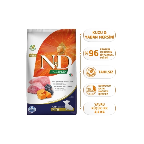 N&D Pumpkin Mini Bal Kabaklı Kuzulu ve Yaban Mersinli Küçük Irk Tahılsız Yavru Köpek Maması ambalaj görseli