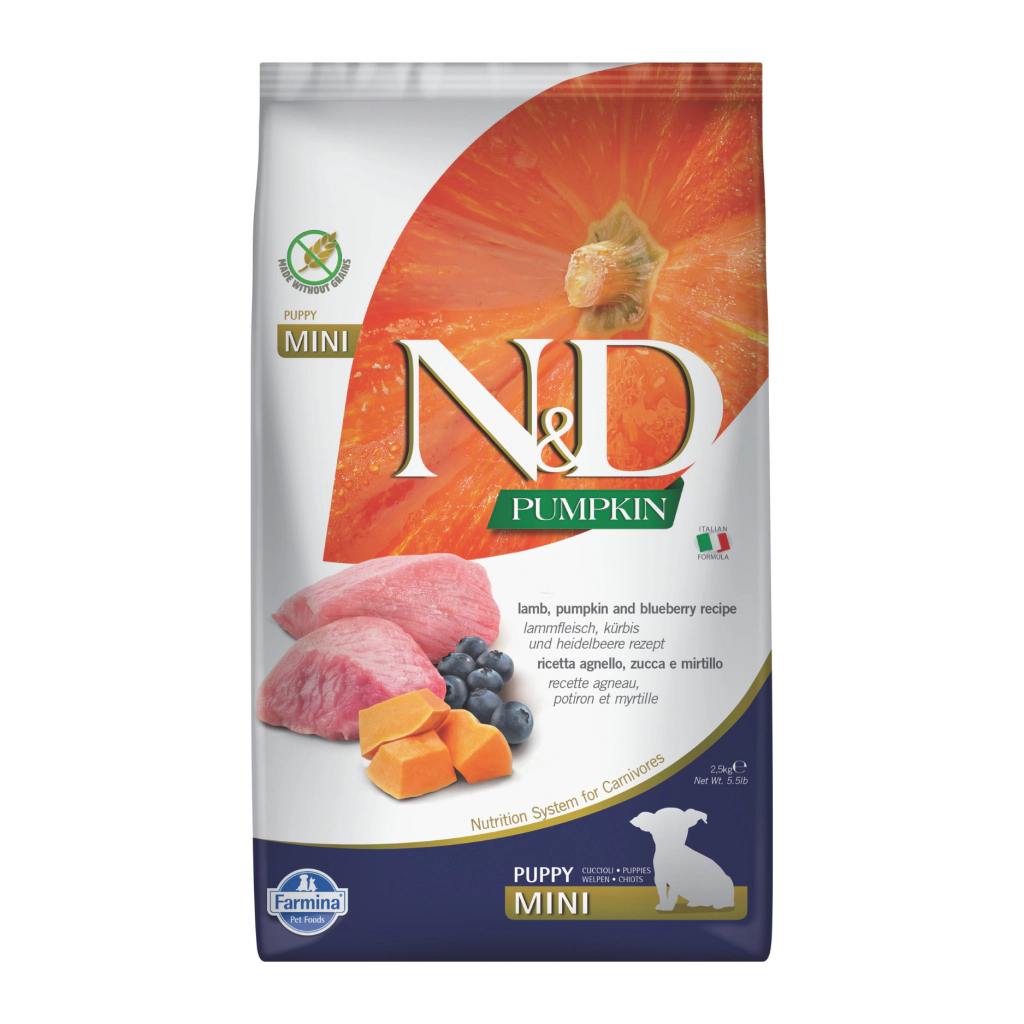 N&D Pumpkin Mini Bal Kabaklı Kuzulu ve Yaban Mersinli Küçük Irk Tahılsız Yavru Köpek Maması ambalaj görseli (2)