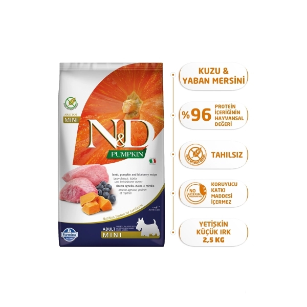 N&D Pumpkin Mini Bal Kabaklı Kuzulu ve Yaban Mersinli Küçük Irk Tahılsız Yetişkin Köpek Maması ambalaj görseli