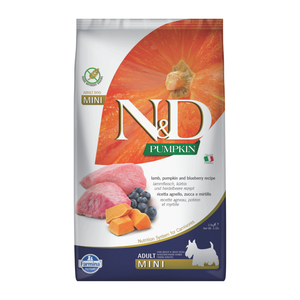 N&D Pumpkin Mini Bal Kabaklı Kuzulu ve Yaban Mersinli Küçük Irk Tahılsız Yetişkin Köpek Maması ambalaj görseli (2)