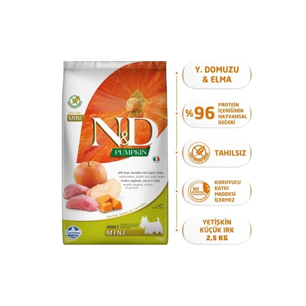N&D Pumpkin Mini Bal Kabaklı Yaban Domuzlu ve Elmalı Küçük Irk Tahılsız Yetişkin Köpek Maması ambalaj görseli