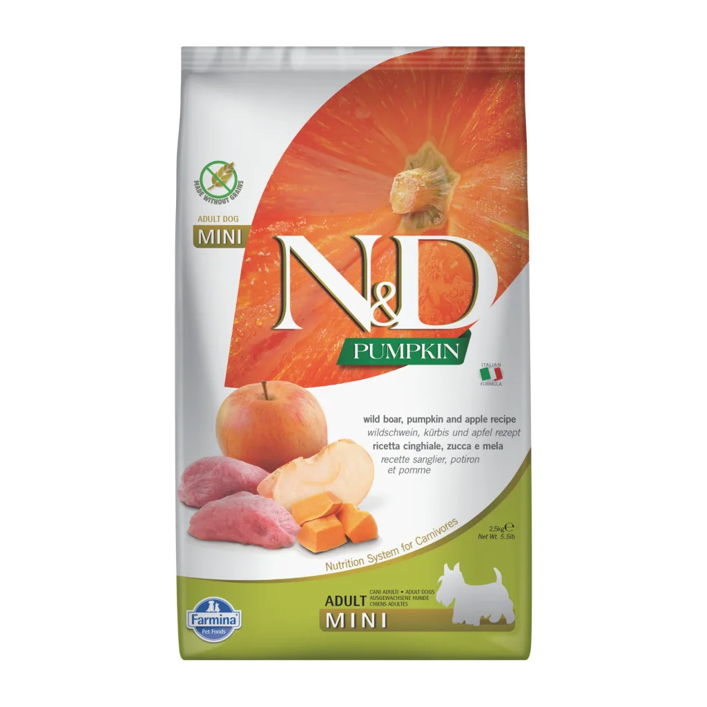 N&D Pumpkin Mini Bal Kabaklı Yaban Domuzlu ve Elmalı Küçük Irk Tahılsız Yetişkin Köpek Maması ambalaj görseli (2)