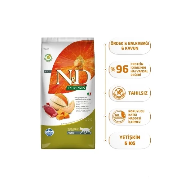 N&D Pumpkin Ördek Etli Bal Kabaklı ve Kavunlu Tahılsız Yetişkin Kedi Maması ambalaj görseli