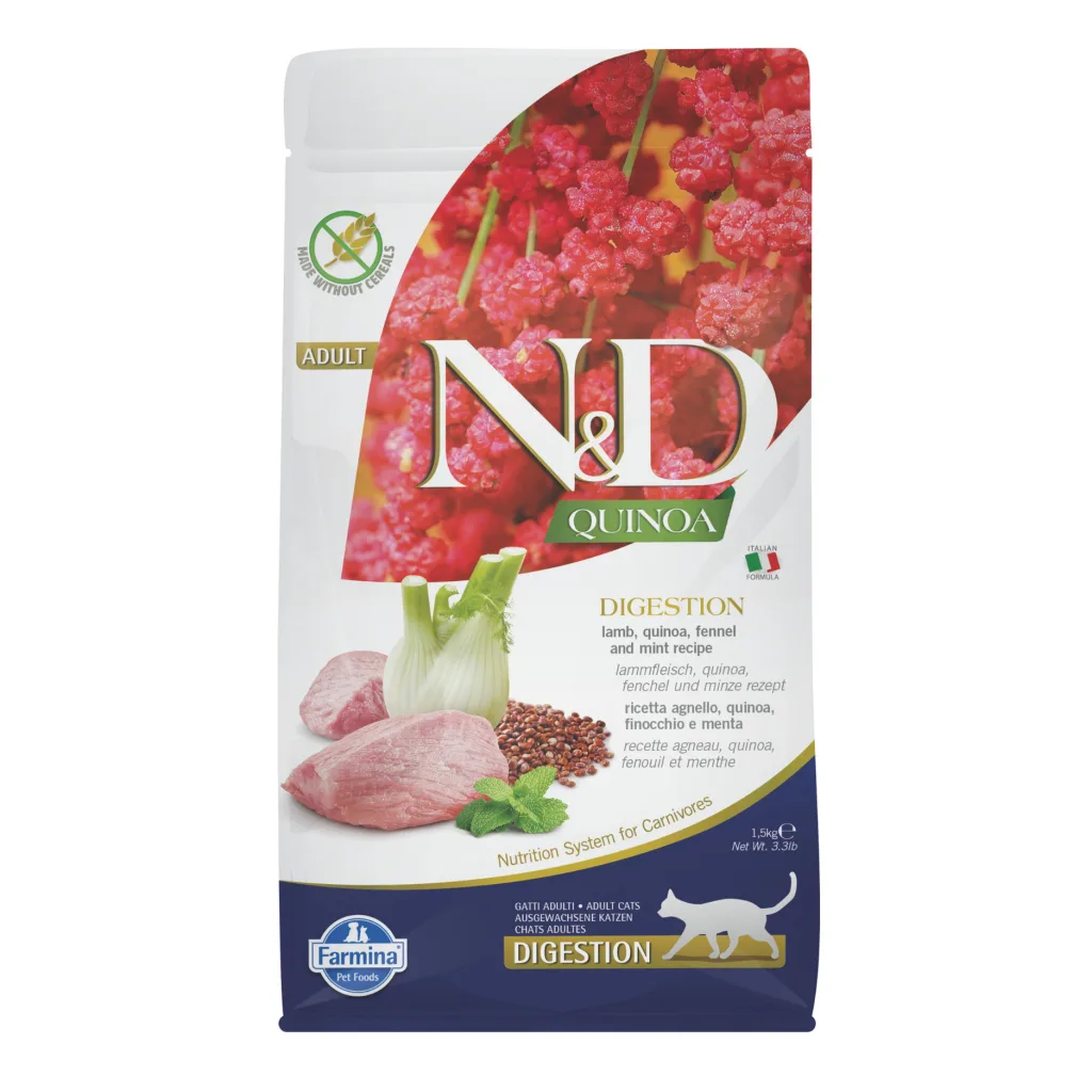 N&D Quinoa Digestion Kuzulu Kinoalı Yetişkin Kedi Maması ambalaj görseli