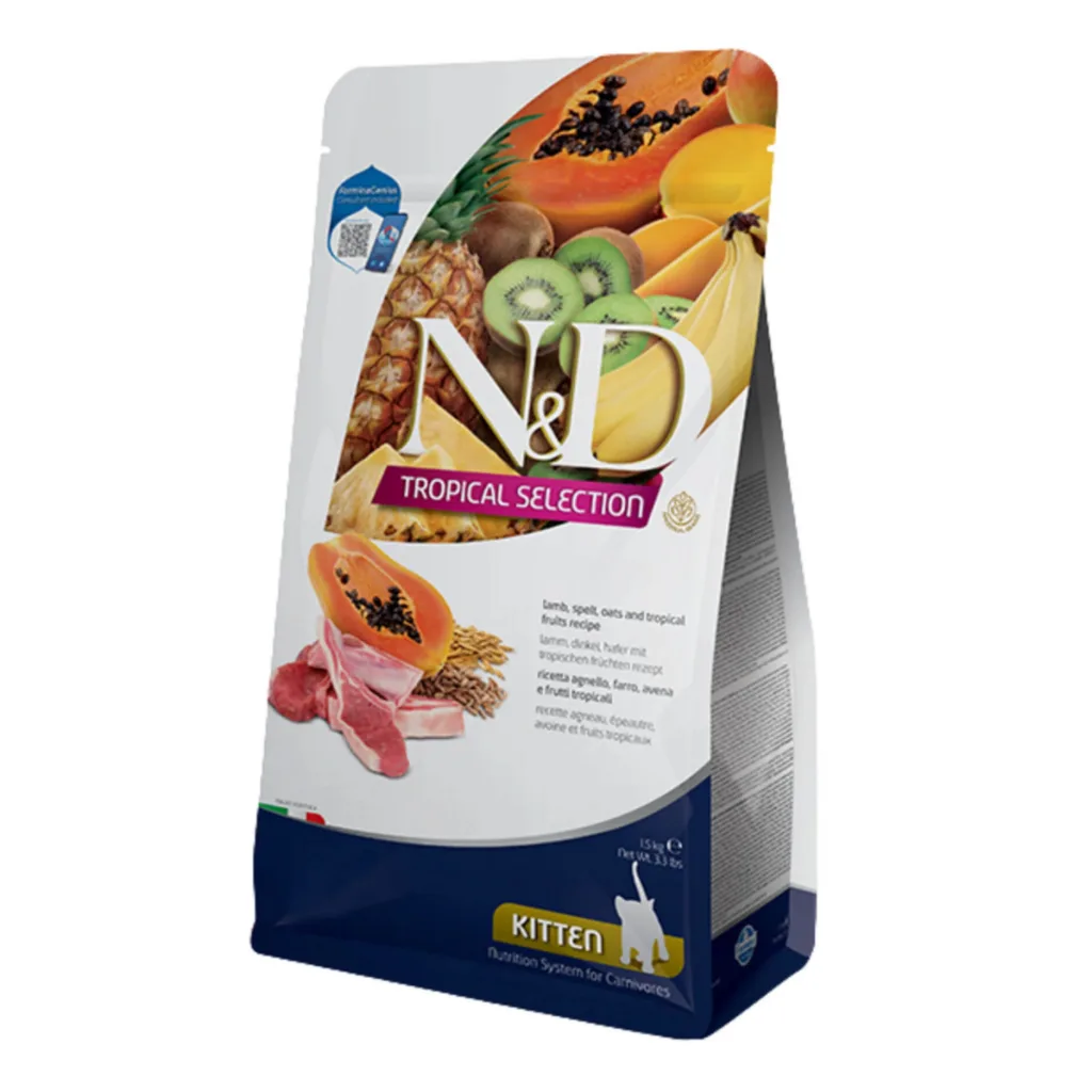 N&D Tropical Selection Kuzu Etli ve Tropikal Meyveli Yavru Kedi Maması ambalaj görseli