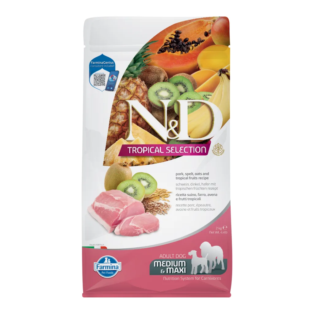 N&D Tropical Selection Medium&Maxi Domuz Etli Orta ve Büyük Irk Yetişkin Köpek Maması ambalaj görseli