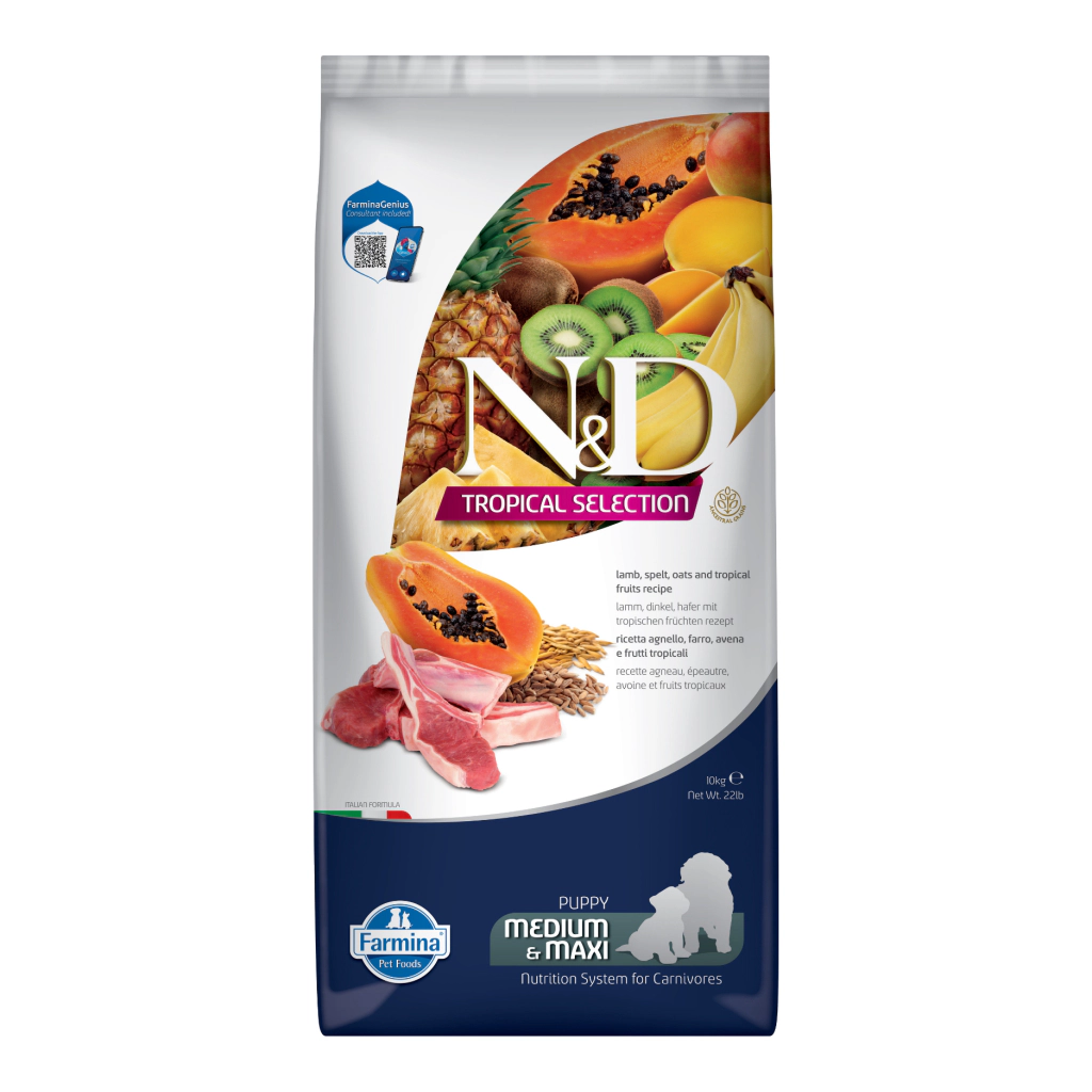 N&D Tropical Selection Medium&Maxi Kuzu Etli Orta ve Büyük Irk Yavru Köpek Maması ambalaj görseli