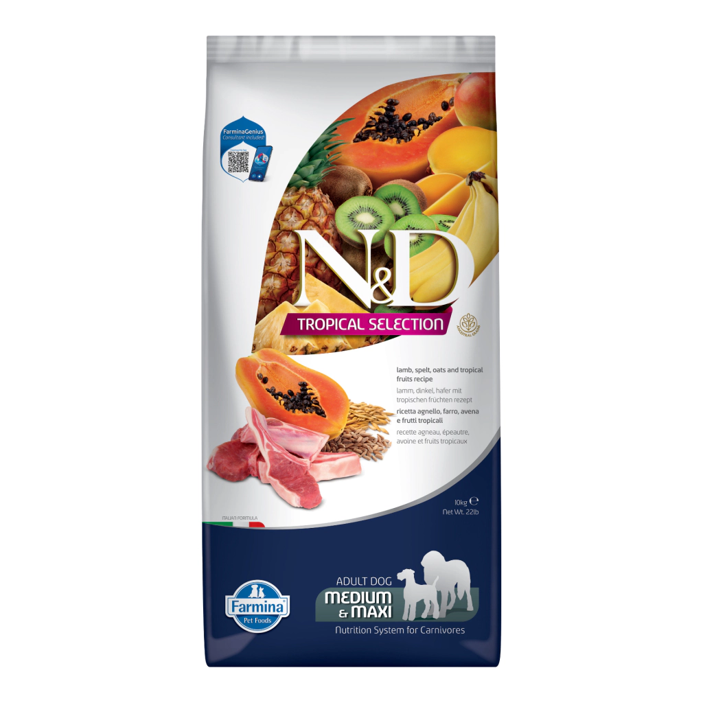 N&D Tropical Selection Medium&Maxi Kuzu Etli Orta ve Büyük Irk Yetişkin Köpek Maması ambalaj görseli
