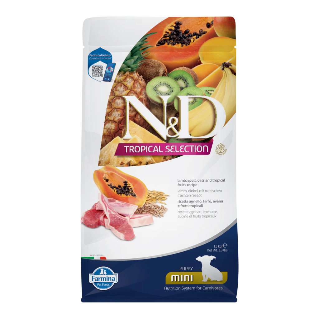 N&D Tropical Selection Mini Kuzu Etli Küçük Irk Yavru Köpek Maması ambalaj görseli
