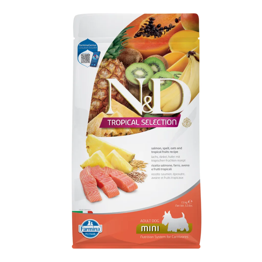 N&D Tropical Selection Mini Somonlu Küçük Irk Yetişkin Köpek Maması ambalaj görseli