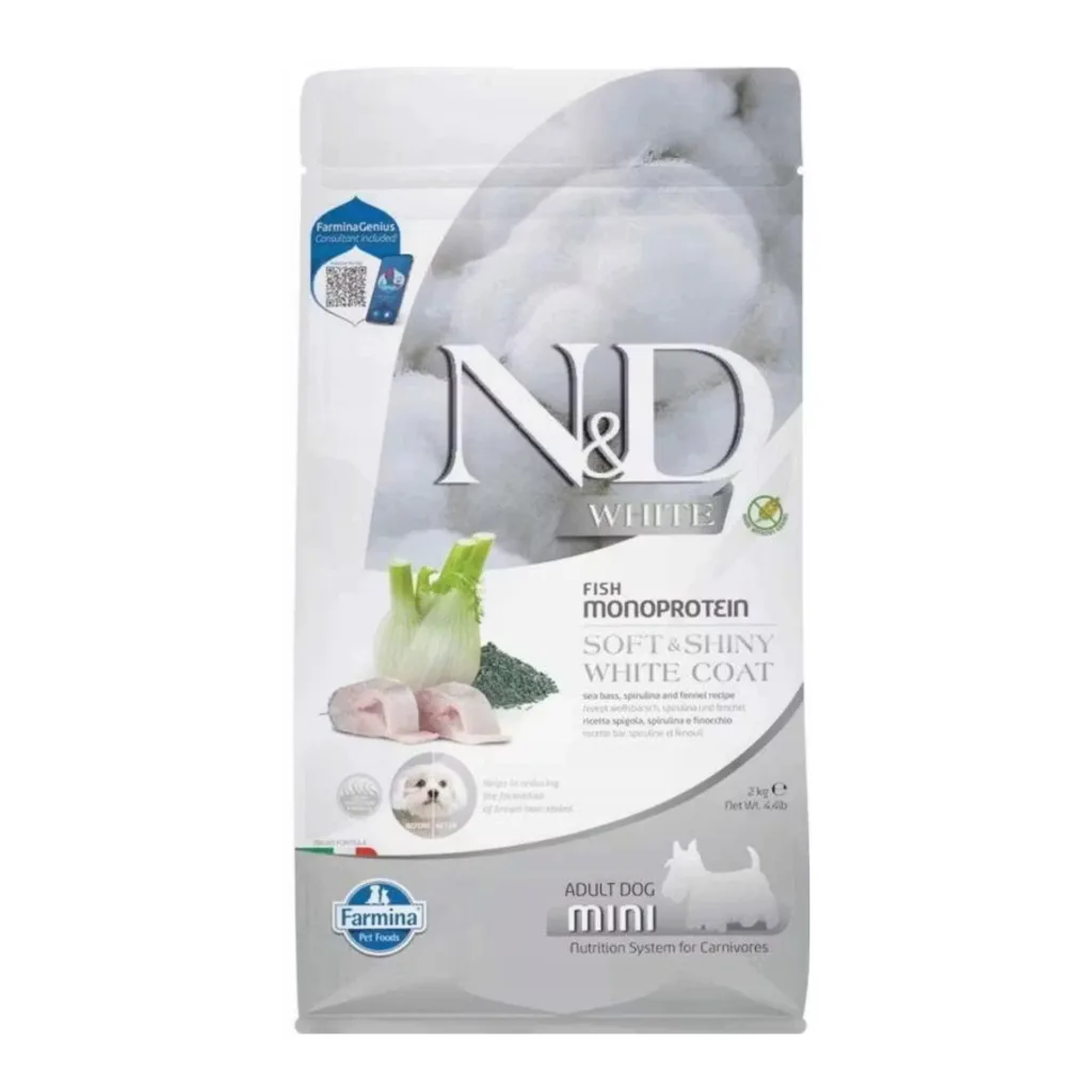 N&D White Mini Levrek Spirulina ve Rezeneli Küçük Irk Yetişkin Köpek Maması ambalaj görseli