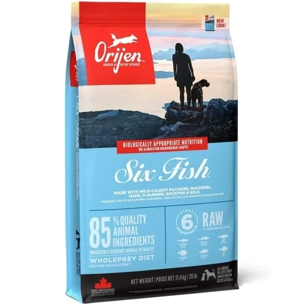 Orijen Six Fish Zengin Balık Çeşitli Tahılsız Yetişkin Köpek Maması ambalaj görseli