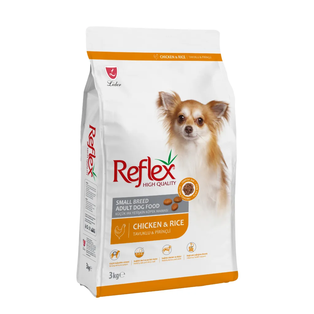 Reflex Küçük Irk Tavuklu ve Pirinçli Yetişkin Köpek Maması ambalaj görseli