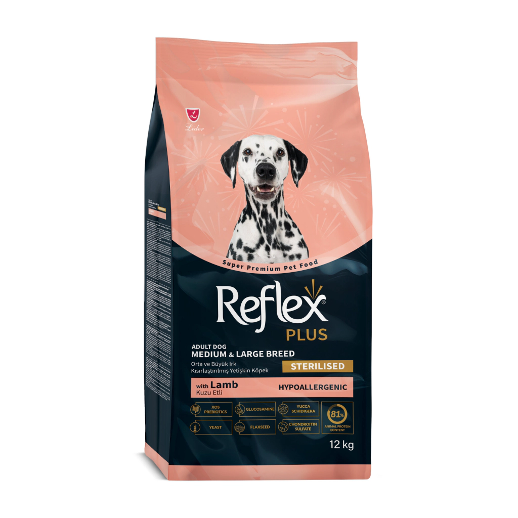 Reflex Plus Kuzulu Orta ve Büyük Irk Kısırlaştırılmış Yetişkin Köpek Maması ambalaj görseli