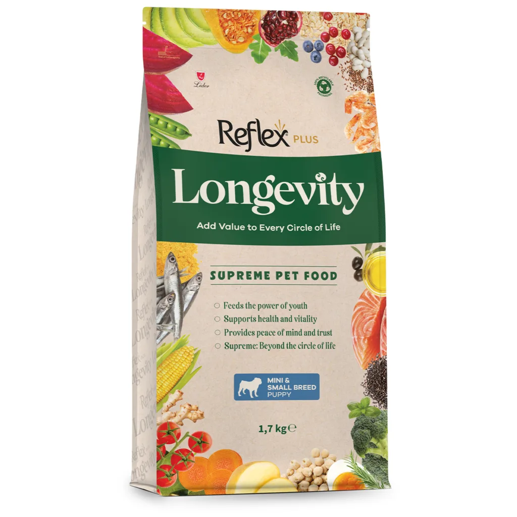 Reflex Plus Longevity Mini ve Küçük Irk Yavru Köpek Maması ambalaj görseli