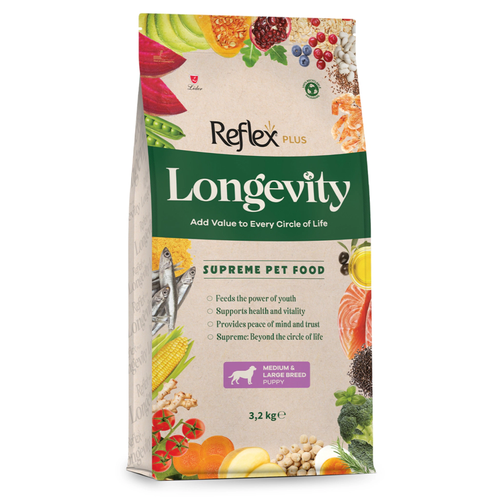 Reflex Plus Longevity Orta ve Büyük Irk Yavru Köpek Maması ambalaj görseli