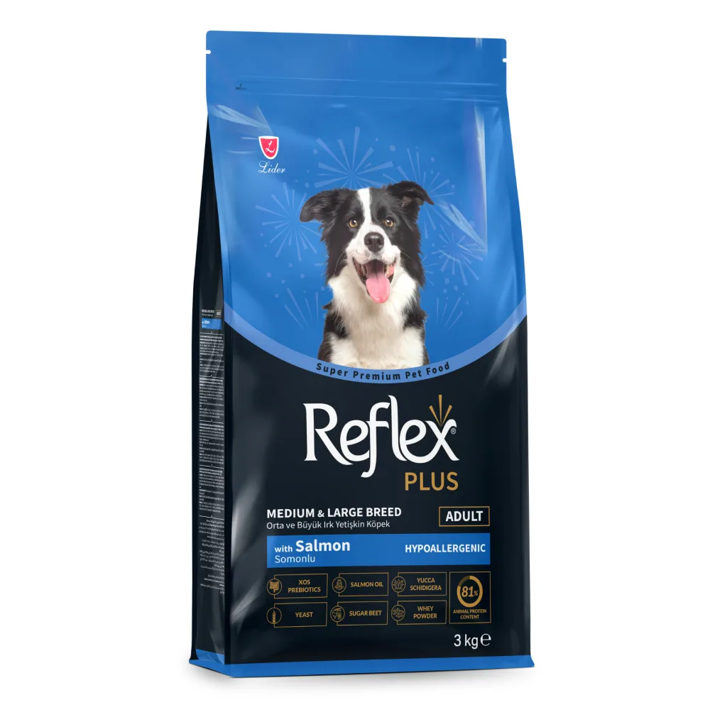 Reflex Plus Orta ve Büyük Irk Somonlu Yetişkin Köpek Maması ambalaj görseli